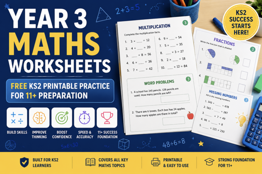 Year 3 Maths Worksheets: Free KS2 Printable Practice for 11+ Prep